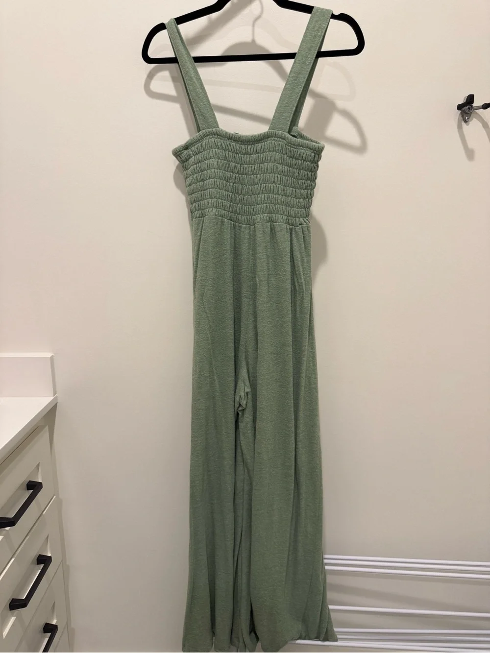 Free People Homecoming Smocked Wide-Leg Jumpsuit in Sage Green